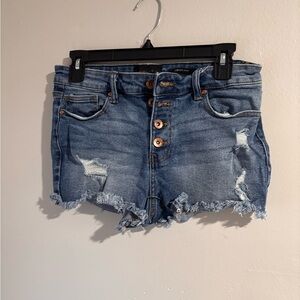 Kendall & Kylie Distressed Button-Front Denim Shorts in Blue